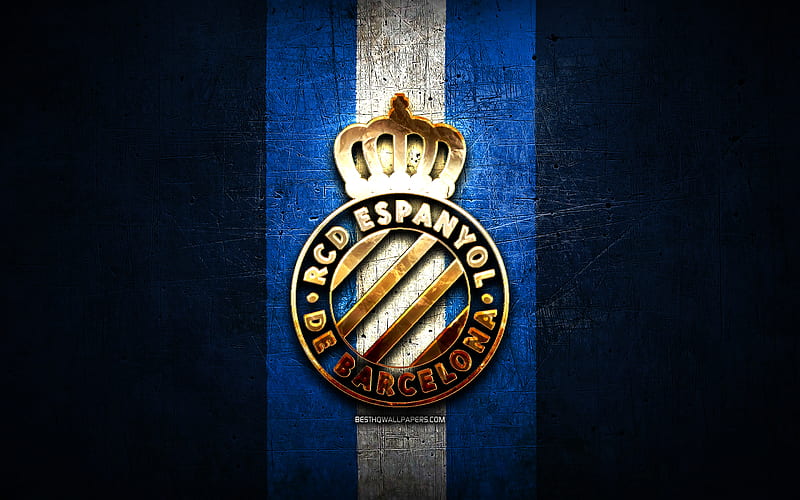 RCD Espanyol, golden logo, La Liga, blue metal background, football, Espanyol FC, spanish football club, Espanyol logo, soccer, LaLiga, Spain, HD wallpaper