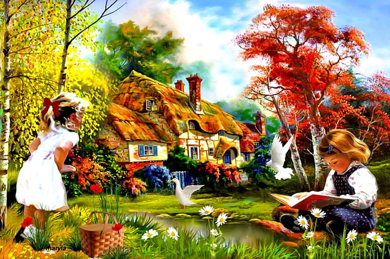 summer cottage, cottage, river birch trees, spring, goose, sweet, daisies, pigeon, boy, girl, flowers, village, color, read a book, scenery, summer vacation, HD wallpaper