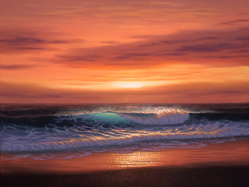 Sunset surf, ocean, sunset, reflection, sky, blue waves, coral color, HD wallpaper