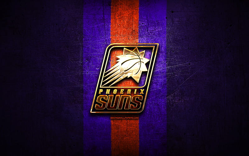 Phoenix Suns, golden logo, NBA, violet metal background, american basketball club, Phoenix Suns logo, basketball, USA, HD wallpaper