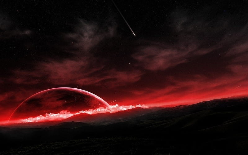 RED PLANET, red, stars, shooting stars, space, sky, clouds, planet, mountains, night, HD wallpaper