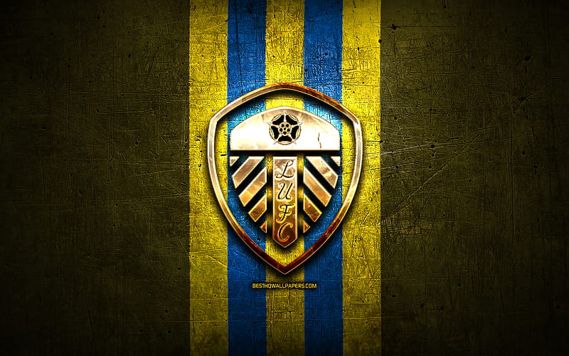 Leeds United FC, golden logo, EFL Championship, yellow metal background, football, Leeds United, english football club, Leeds United logo, soccer, England, HD wallpaper