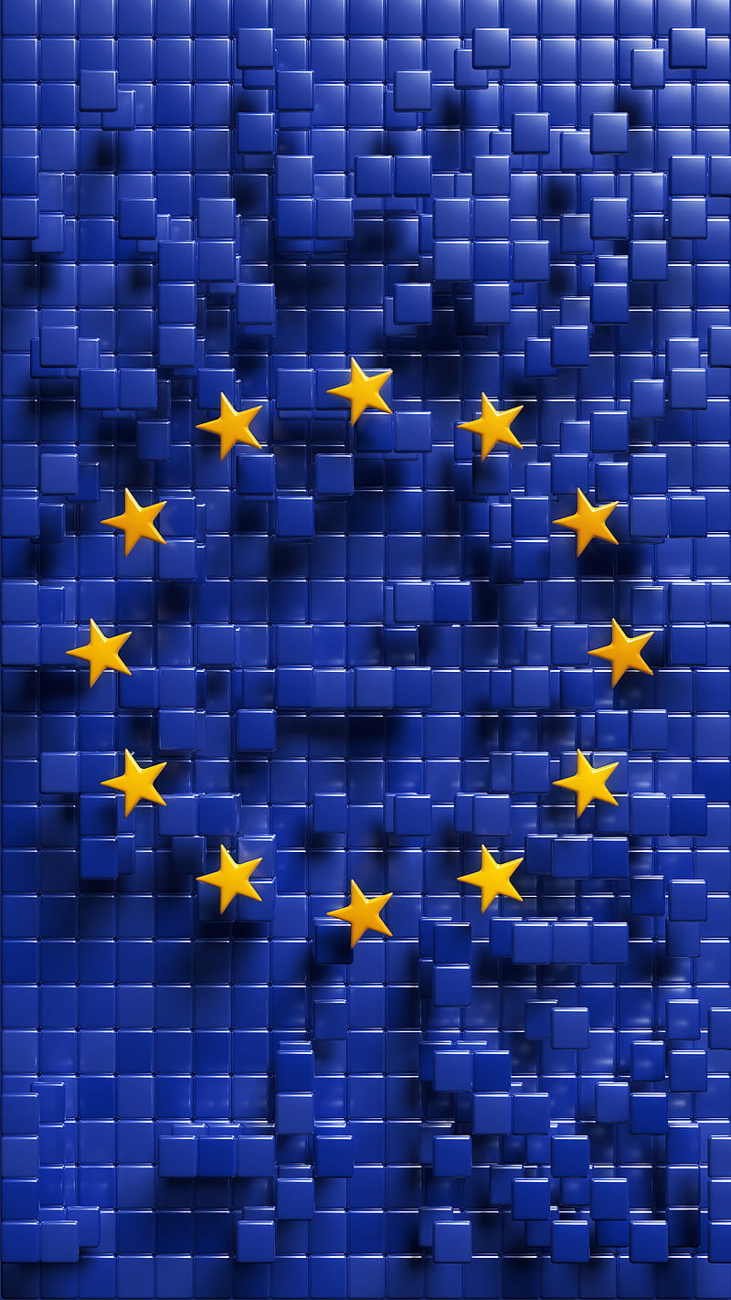3D European union flag, abstract, art, blocks, blue, cubes, europe, european union, iCreate™, render, squares, three dimensional, yellow, HD phone wallpaper