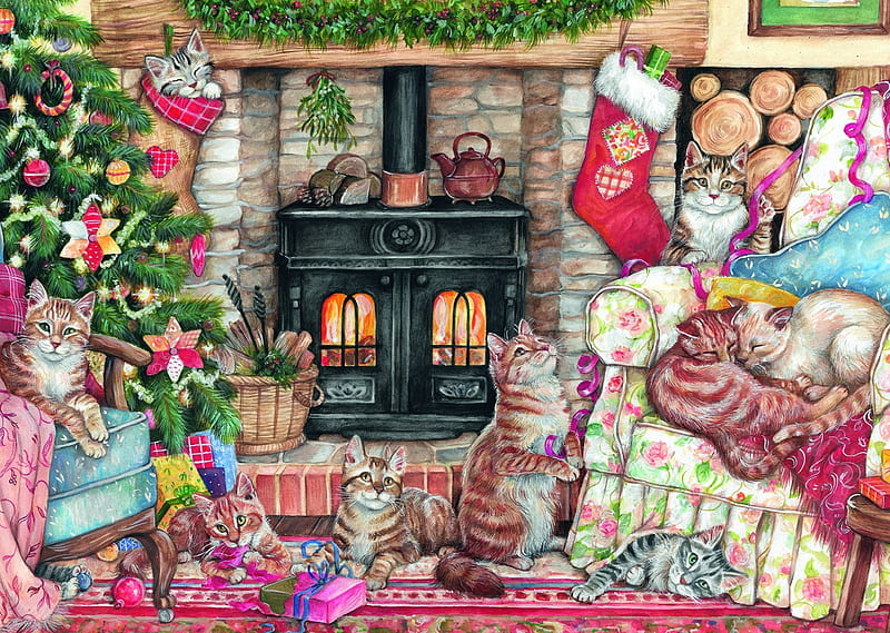 Cozy Christmas Time, christmas tree, cats, chimney, ornaments, painting, artwork, HD wallpaper