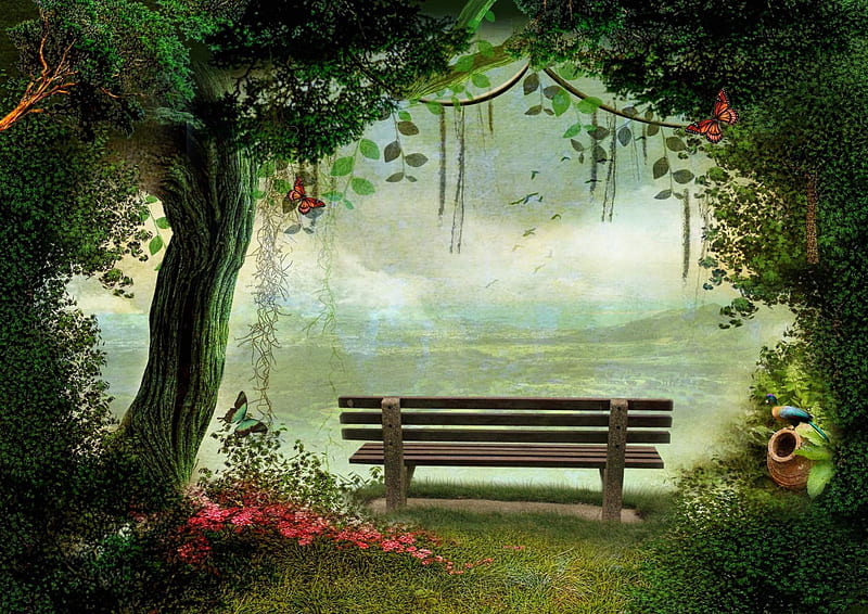 Spring Garden, garden, bench, fantasy, spring, HD wallpaper