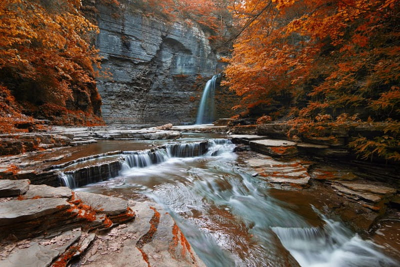 * Autumn waterfalls *, autumn, trees, natute, waterfalls, HD wallpaper