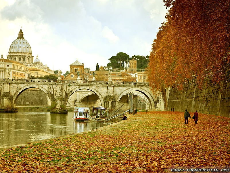 Rome in Autumn, city, autumn, leaves, Italy, Rome, river, trees, HD wallpaper
