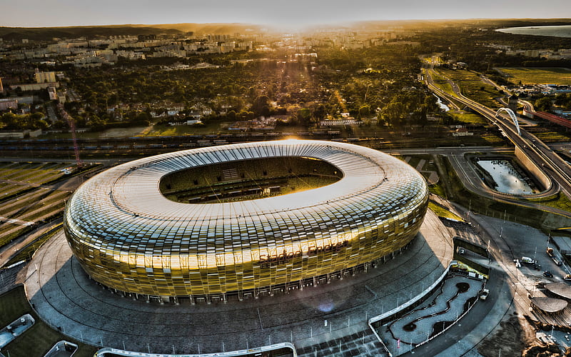 Stadion Energa Gdansk Pge Arena, aerial view, sunset, R, Baltic Arena, polish stadiums, football stadion, Gdansk, Poland, Lechia Gdansk Stadium, HD wallpaper