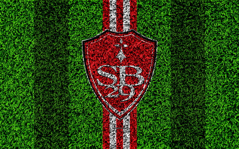 Brest FC, Stade Brestois 29 logo, football lawn, french football club, red white lines, grass texture, Ligue 2, Brest, France, football, soccer field, HD wallpaper
