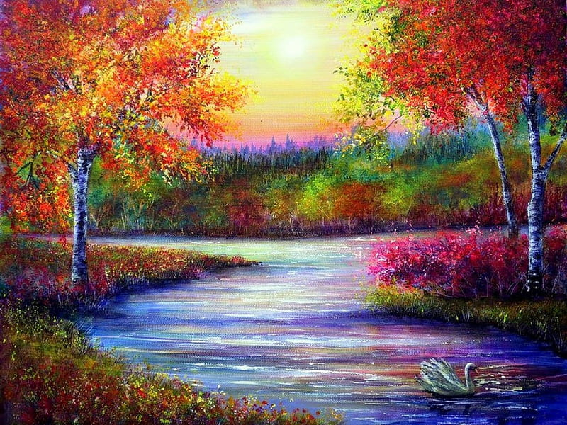 -Soothing Sunset-, colorful, autumn, draw and paint, panoramic view, solace, attractions in dreams, bonito, most ed, seasons, paintings, waterscapes, sunsets, landscapes, bright, flowers, evening, scenery, traditional art, animals, lakes, fall season, lovely, colors, love four seasons, creative pre-made, trees, swans, sunshine, nature, HD wallpaper