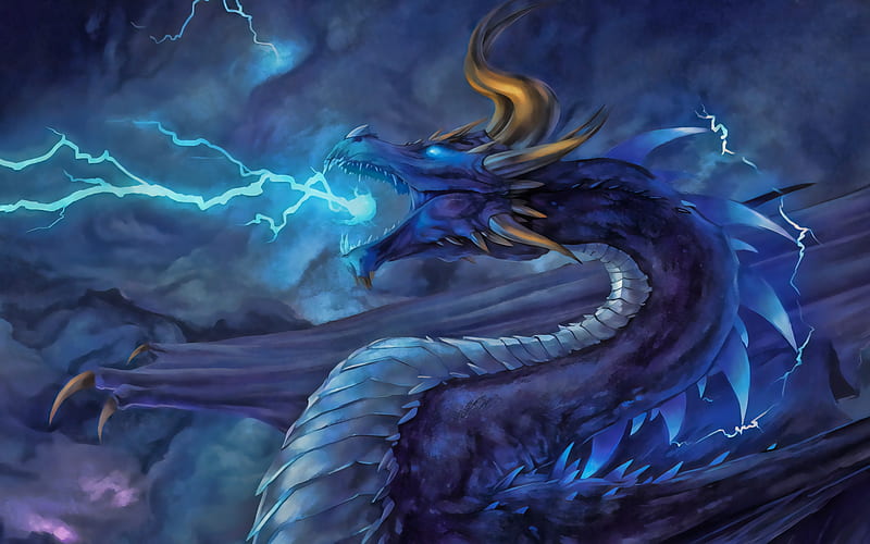 blue dragon, darkness, monster, blue lightings, dragon in smoke, dragon, HD wallpaper