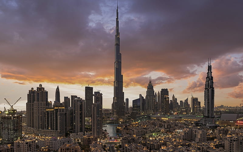 Burj Khalifa, Downtown Dubai, modern architecture, skyscrapers, modern buildings, evening, mixed-use complex, Dubai, United Arab Emirates, HD wallpaper