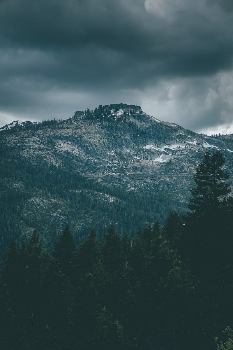 mountain, peak, trees, cloudy, HD phone wallpaper