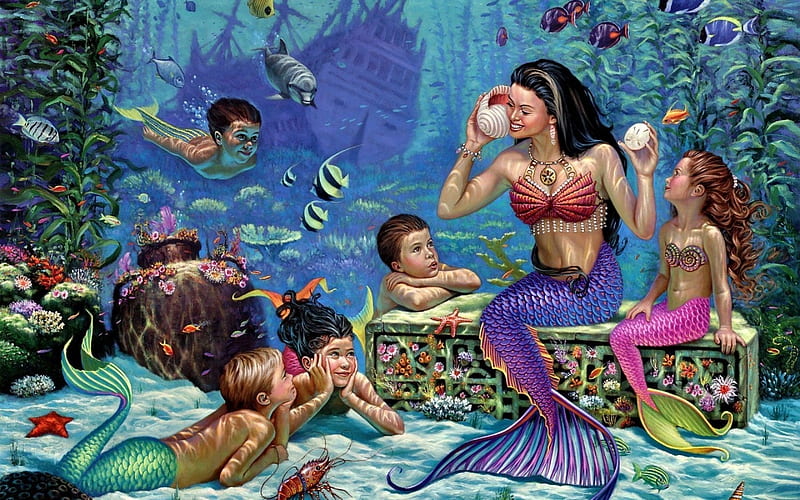 mermaids, fantasy, wayer, kids, HD wallpaper