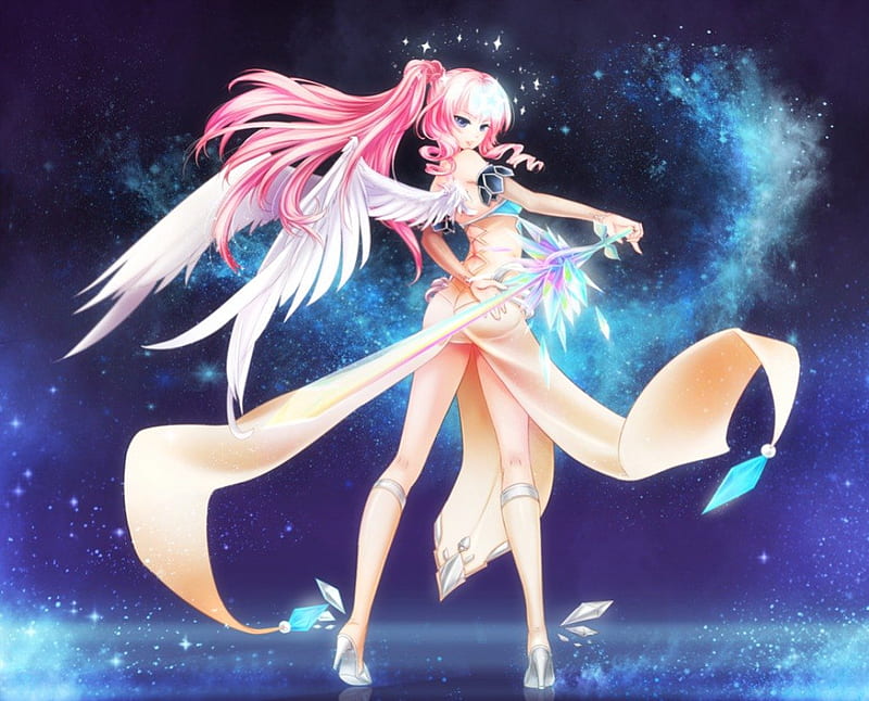 Divinity, divine, space, bonito, wing, elegant, sweet, fantasy, blade, anime, feather, hot, beauty, anime girl, weapon, long hair, sword, star, gorgeous, female, wings, lovely, angel, sexy, abstract, cute, girl, pink hair, HD wallpaper