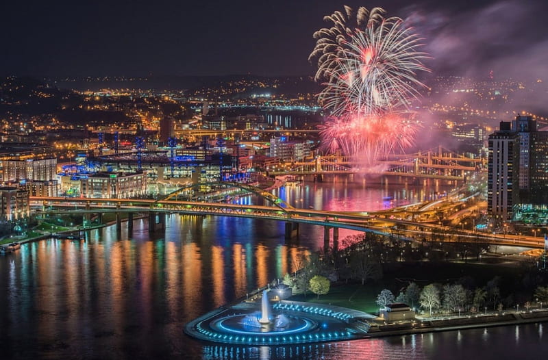 'Fireworks display in Pittsburgh Pa'....., Pittsburgh Pa, city, fireworks, lights, HD wallpaper