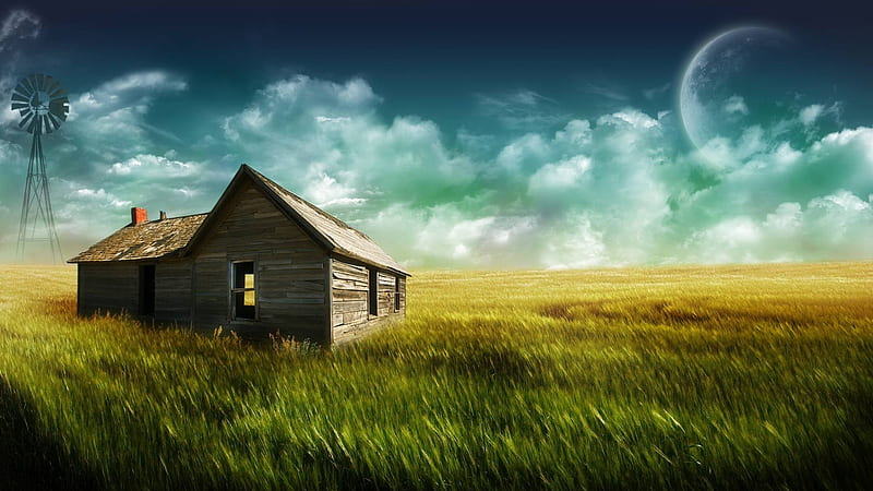 The old house in the middle of nowhere, farm, blue sky, field, old house, landscape, HD wallpaper