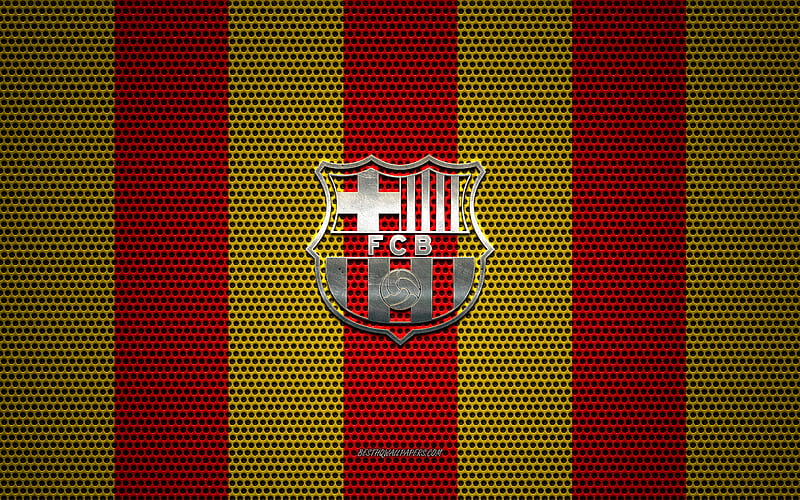 FC Barcelona logo, Spanish football club, metal emblem, red-yellow metal mesh background, FC Barcelona, Catalonia, La Liga, Barcelona, Spain, football, HD wallpaper