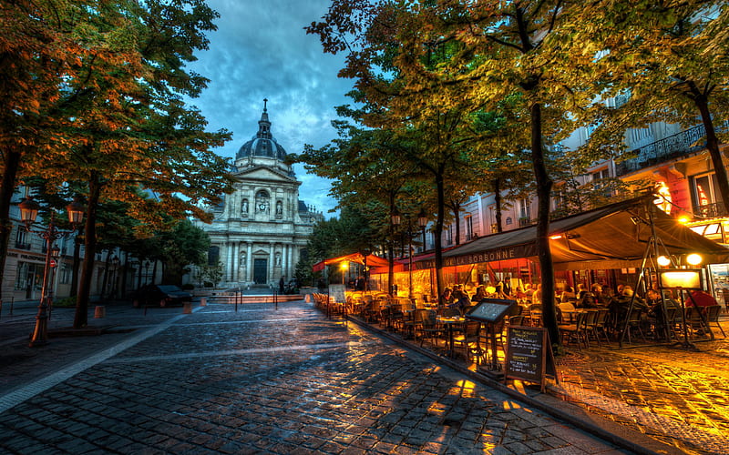 Beautiful Evening, architecture, pretty, cafe, house, umbrella, paris, sorbonne, clouds, lights, splendor, famous, beauty, evening, lovely, lanterns, romance, houses, buildings, sky, trees, building, university, restaurant, france, alley, colorful, lantern, streetscape, bonito, leaves, city, car, people, way, francia, road, street, night, romantic, view, balcony, colors, terrace, tree, peaceful, r, nature, walk, HD wallpaper