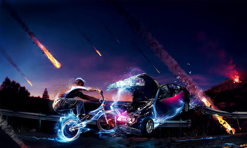 Awesome Bmx Car CG, cg, space, comet, abstract, bmx, sexy, crash, cool, car, resolution, awesome, hot, bike, hi res, HD wallpaper
