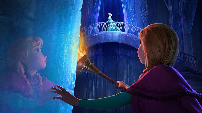 Frozen (2013), anna, movie, elsa, torch, queen, fire, girl, ice, frozen, pink, disney, blue, HD wallpaper
