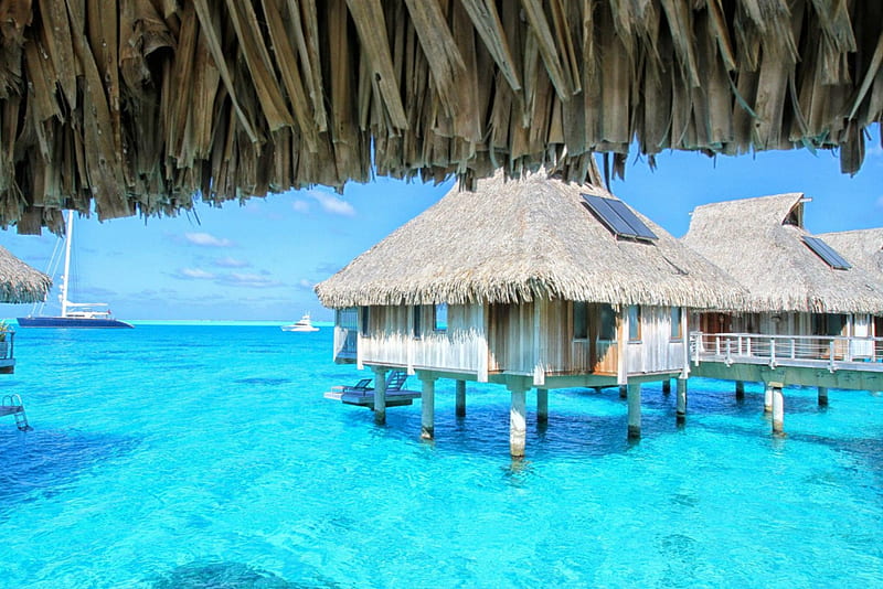 Aqua Blue Ocean Luxury Water Villas, polynesia, bonito, sea, beach, lagoon, bora bora, bungalows, heaven, aqua, blue, exotic, islands, ocean, water, paradise, island, tahiti, tropical, villas, HD wallpaper