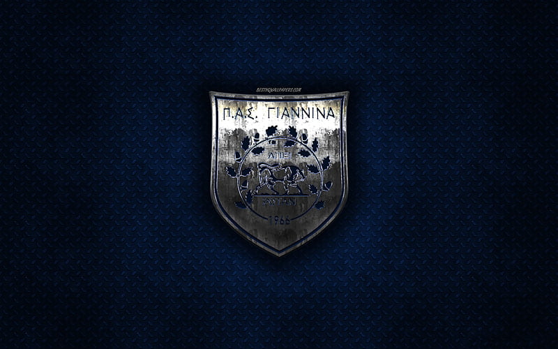 PAS Giannina FC, Greek football club, blue metal texture, metal logo, emblem, Ioannina, Greece, Super League Greece, creative art, football, HD wallpaper