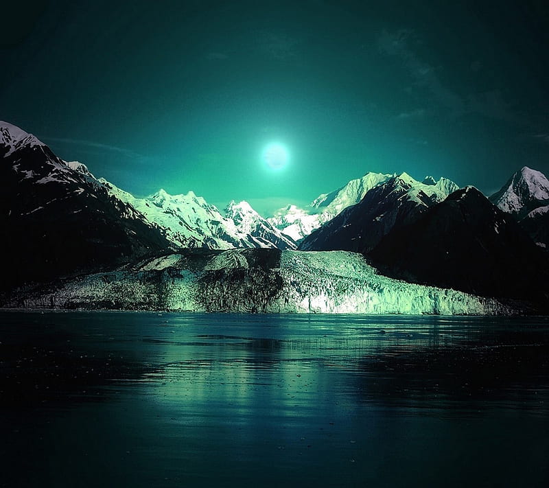 Full moon, green, lake, mountain, nature, HD wallpaper