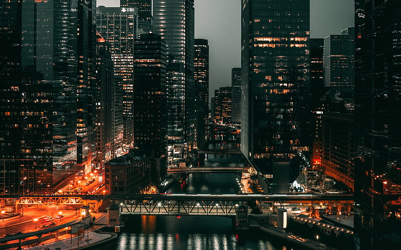 Chicago, night, evening, modern buildings, skyscrapers, modern architecture, metropolis, Illinois, USA, HD wallpaper