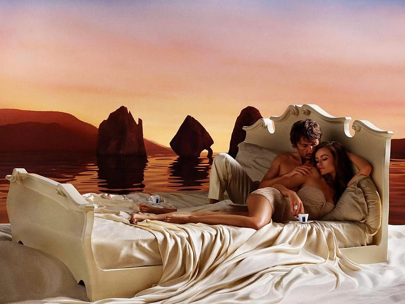 Good Morning,Love..., man, abstract, woman, lake, bed, lovers, graphy, love, morning, white, HD wallpaper