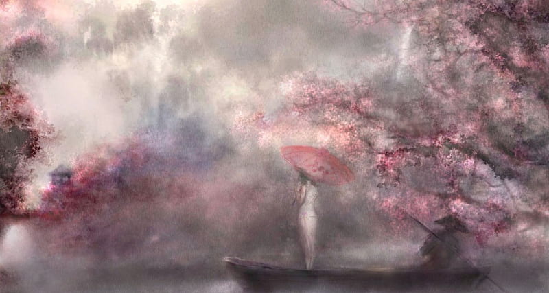 Sakura Landscape, pretty, umbrella, woman, cherry blossom, fantasy, boat, gris, flowers, river, pink, art, japan, female, lovely, japanese, sakura tree, man, soft, trees, abstract, lady, landscape, HD wallpaper