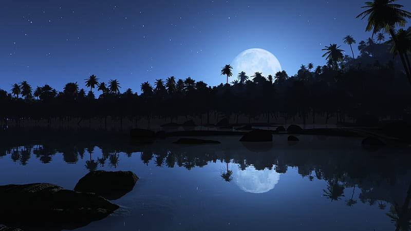 Beautiful blue night, stunning, blue dream, collors, magic nights, nice, calm, outstanding, bright, shadows, silhouettes, black, sky, trees, panorama, water, cool, awesome, high definitiom, white, landscape, breathtaking, graphy, moon, stone, mirror, blue, night, amazing, reflex, quality, view, lake, nature, reflections, hidden, HD wallpaper