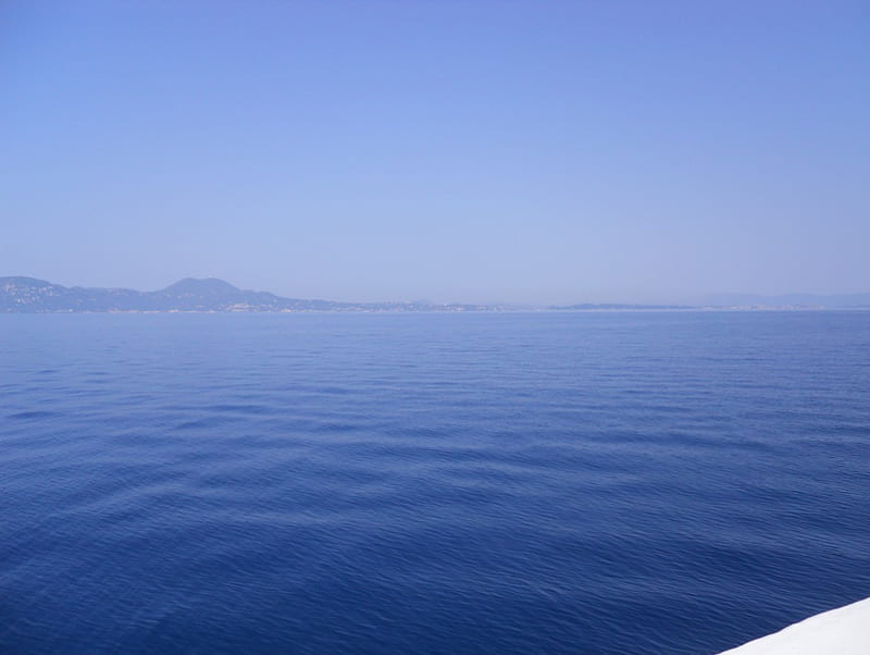 Deep blue sea, fabulous, waves, sky, corfu, sea, wave, boat, fantasy, nice, mountains, deep, blue, HD wallpaper