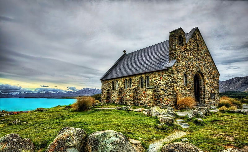 Church of the Good Shepherd, Lake Tekapo, New Zealand, stones, r, clouds, sky, old, landscape, HD wallpaper