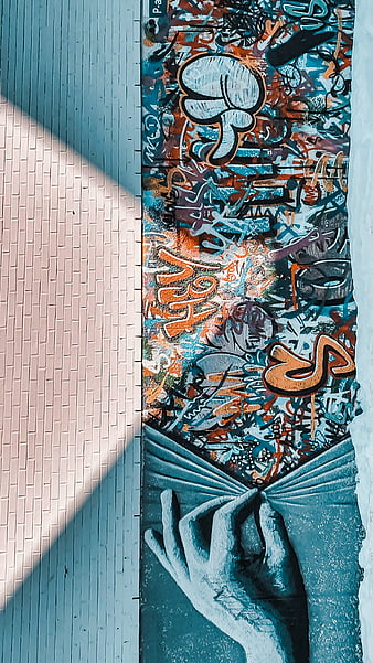 Vertical Unveiling, Wall, background, blue, bricks, graffiti, hand, orange,  paint, HD phone wallpaper | Peakpx