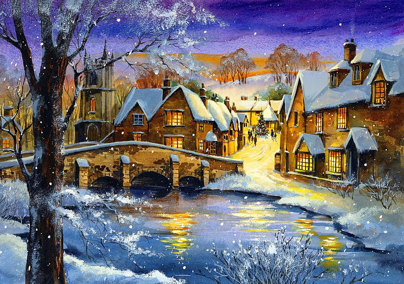 Winter village, pretty, cottages, bonito, clouds, lights, cold, countryside, nice, calm, bridge, painting, village, evening, reflection, frost, street, art, lovely, houses, sky, trees, winter, lake, serenity, snow, snowflakes, ice, peaceful, nature, frozen, HD wallpaper