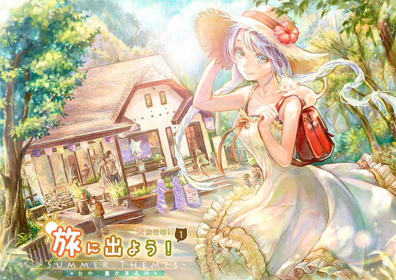 Let's go out on a Journey!, pretty, dress, house, villager, bag, home, country side, bonito, sweet, countryside, nice, anime, village, beauty, anime girl, scenery, female, lovely, gown, hat, building, girl, nature, sundress, scene, HD wallpaper