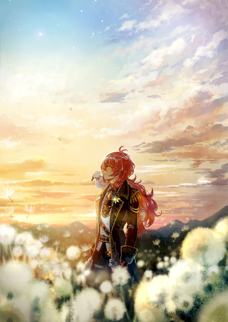 diluc, genshin impact, anime games, red hair, anime landscape, clouds, Anime, HD phone wallpaper