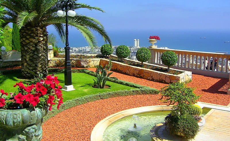 Haifa, Israel, pretty, fountain, lovely, view, grass, bonito, park, palms, sea, Haifa, nice, Israel, summer, flowers, walk, alley, HD wallpaper
