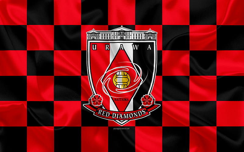 Urawa Red Diamonds logo, creative art, red black checkered flag, Japanese football club, J1 League, J League Division 1, emblem, silk texture, Saitama, japan, football, HD wallpaper
