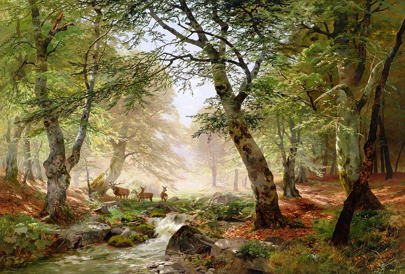 Painting by Heinrich Böhmer 1852-1930, rocks, artist, deer, painting, river, animals, harmony, art, forest, greenery, peace, sky, trees, abstract, water, painter, day, nature, HD wallpaper