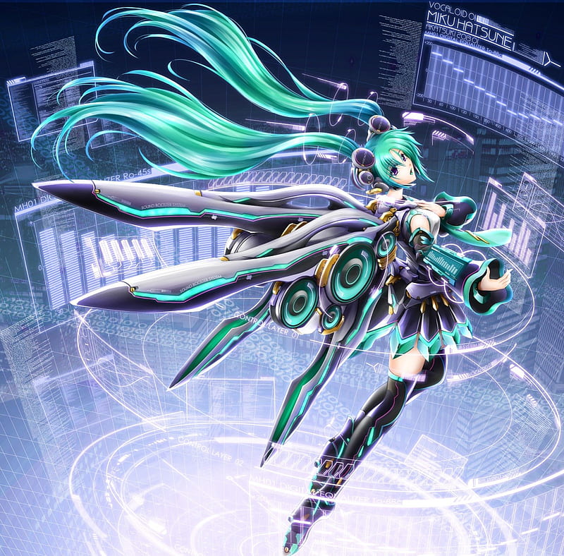 Hatsune Miku, wingw, wing, fantasy, twin tail, mecha, anime, hot, anime girl, vocaloids, long hair, vocaloid, female, twintail, miku, twintails, sexy, abstract, twin tails, armor, cute, hatsune, girl, green hair, HD wallpaper