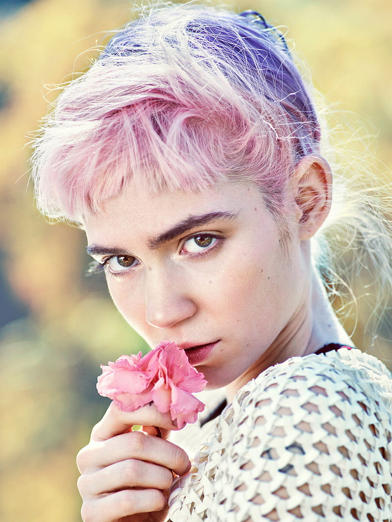 Grimes, singer, women, pink hair, purple hair, flowers, outdoors, face, HD phone wallpaper