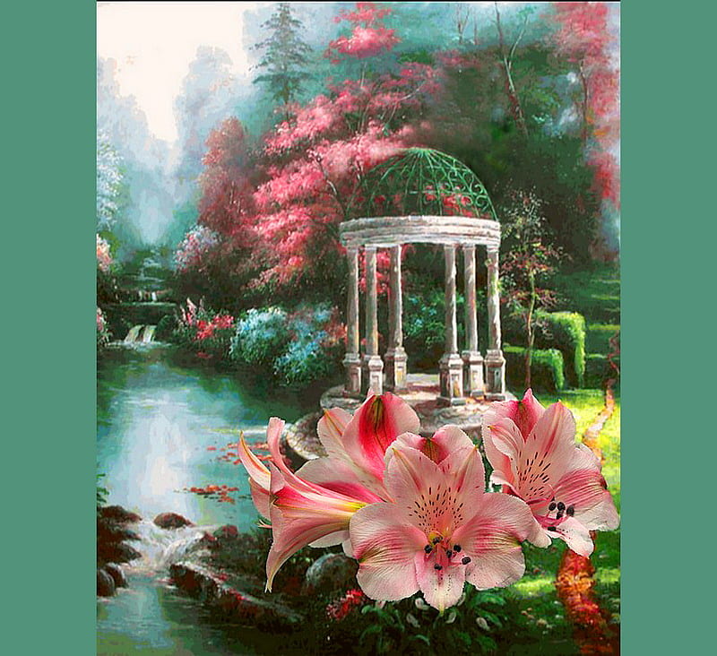 Symphony of spring, spring, trees, mist, plants, flowers, beauty, color, river, gazebo, HD wallpaper