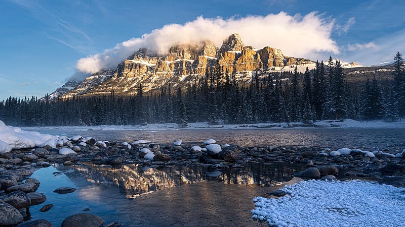 Castle Mountain in Banff National Park, Alberta, clouds, sky, canada, water, ice, lake, reflections, stones, HD wallpaper