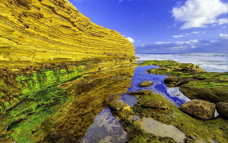Mossy Coastline, rock, moss, nature, clouds, coast, sea, HD wallpaper