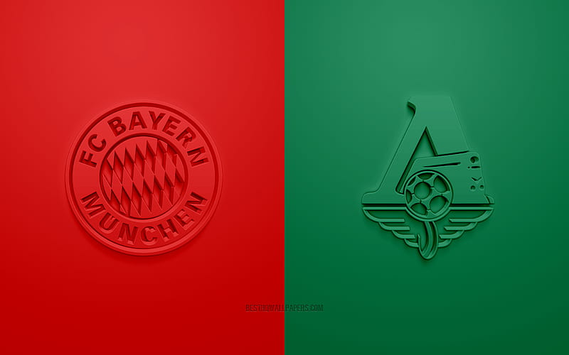 FC Bayern Munich vs FC Lokomotiv Moscow, UEFA Champions League, Group А, 3D logos, red background, Champions League, football match, FC Lokomotiv Moscow, FC Bayern Munich, HD wallpaper