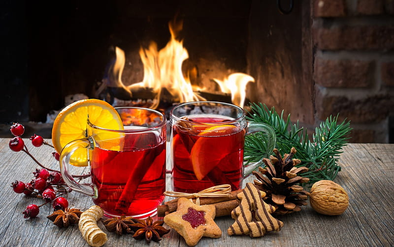 Happy Holidays, Christmas, holidays, lovely, New Year, wine, love four seasons, biscuits, xmas and new year, fireplace, cookies, decorations, HD wallpaper