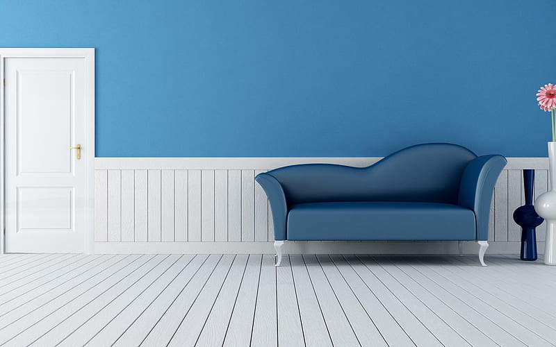 stylish blue interior, minimalism style, blue stylish sofa, modern interior design, HD wallpaper