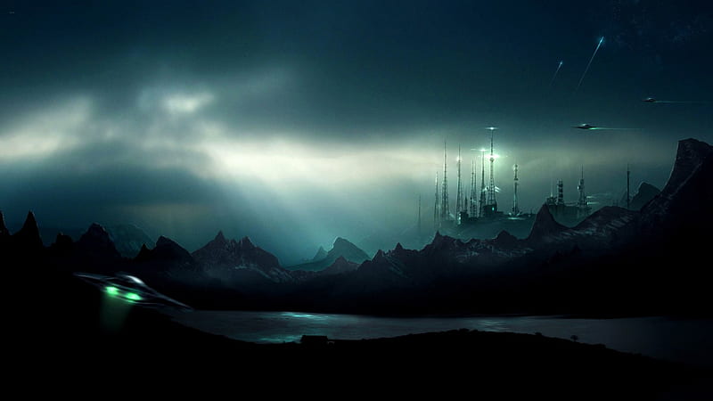 Scifi Valley, nighttime, CGI, cityscape, graphics, futuristic, spaceships, valley, HD wallpaper